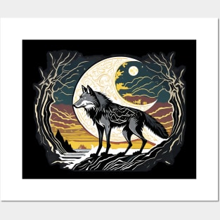 Solitary Wolf Howling at the Full Moon Posters and Art